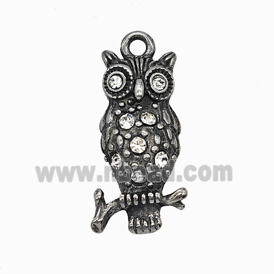 Halloween Owl Charms 304 Stainless Steel Birds Pendant Pave Rhinestone Antique Silver