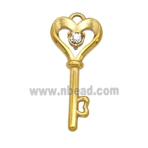 Stainless Steel Key Pendant Pave Rhinestone Gold Plated