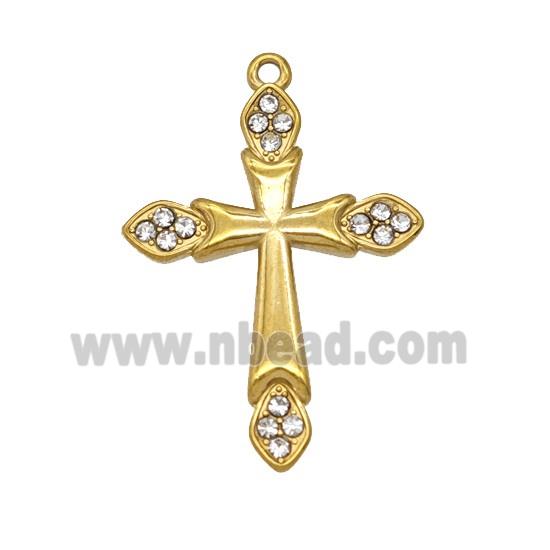 Stainless Steel Cross Pendant Pave Rhinestone Gold Plated