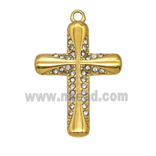 Stainless Steel Cross Pendant Pave Rhinestone Gold Plated