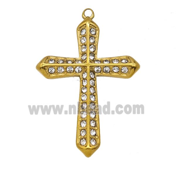 Stainless Steel Cross Pendant Pave Rhinestone Gold Plated