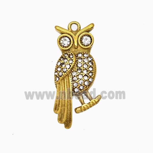 Stainless Steel Owl Pendant Pave Rhinestone Gold Plated