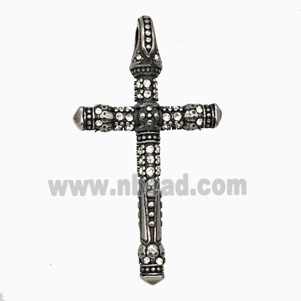 Stainless Steel Cross Pendant Pave Rhinestone Antique Silver