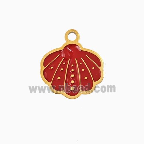 Stainless Steel Scallop Shell Pendant Red Enamel Gold Plated
