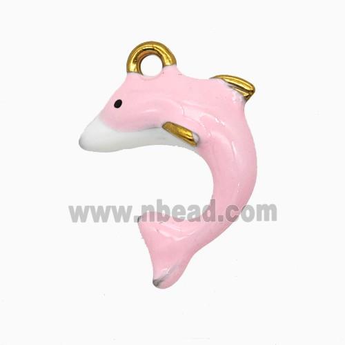 Stainless Steel Dolphin Pendant Pink Enamel Gold Plated