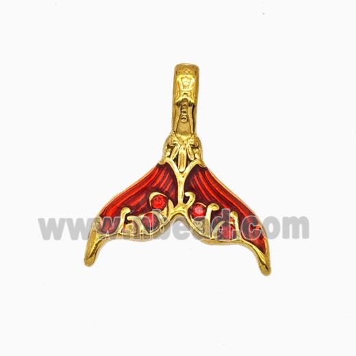 Stainless Steel Mermaid-Tail Pendant Pave Rhinestone Red Painted Gold Plated