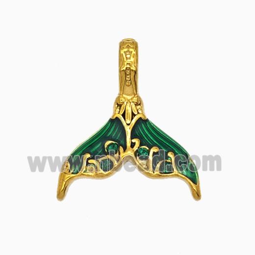 Stainless Steel Mermaid-Tail Pendant Pave Rhinestone Green Painted Gold Plated