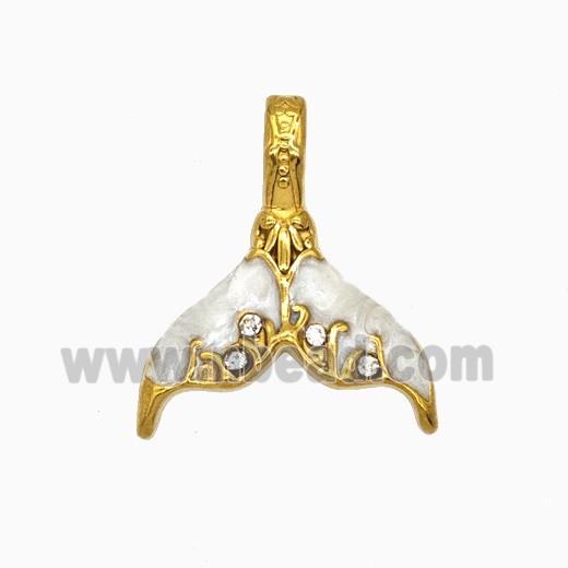 Stainless Steel Mermaid-Tail Pendant Pave Rhinestone White Painted Gold Plated