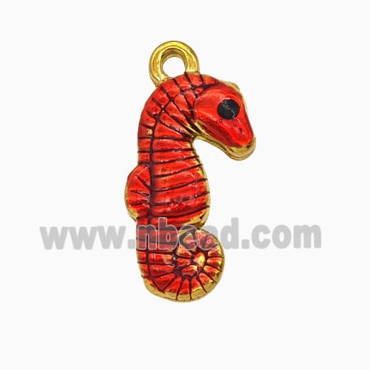 Stainless Steel Seahorse Pendant Red Painted Gold Plated
