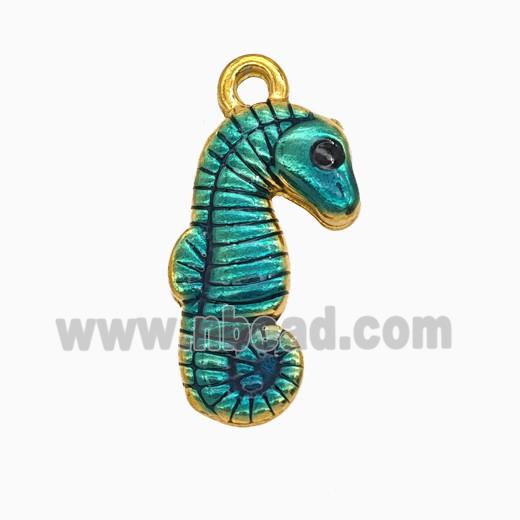 Stainless Steel Seahorse Pendant Teal Painted Gold Plated