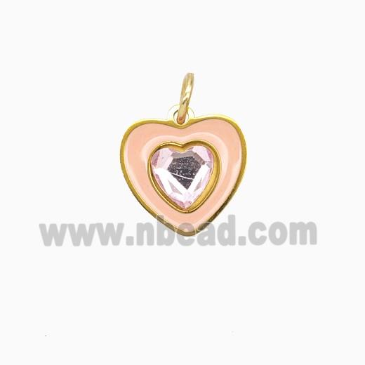 Stainless Steel Heart Pendant Pave Rhinestone Pink Enamel Gold Plated