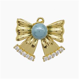 Copper Knotbow Pendant Pave Zirconia Grayblue Pearlized Resin Gold Plated, approx 8mm, 20-25mm