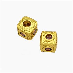Copper Cube Beads Pave Crystal Glass Large Hole Gold Plated, approx 8x8mm, 2mm hole