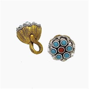 Tibetan Style Alloy Lotus Pendant Pave Dye Turquoise Antique Silver Golden, approx 12-15mm