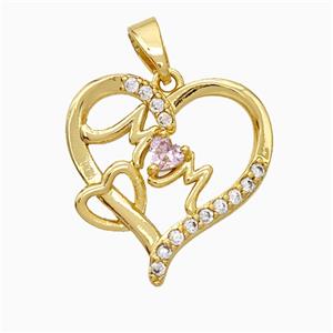 Copper Heart Pendant Pave Zirconia Mom Gold Plated, approx 18mm