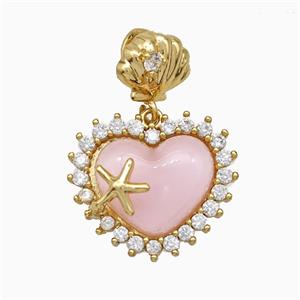 Copper Heart Pendant Pave Zirconia Pink Acrylic Starfish Gold Plated, approx 16mm, 8mm