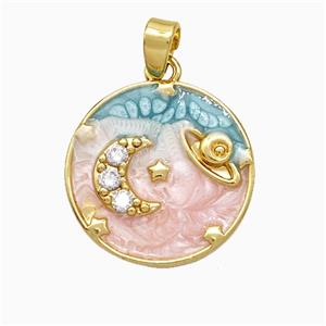 Copper Moon Planet Pendant Pave Zirconia Painted Gold Plated, approx 17mm