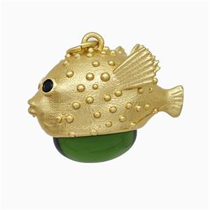 Copper Fish Pendant With Green Catseye Gold Plated, approx 16-22mm