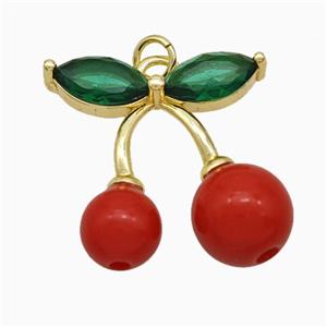 Copper Cherry Pendant Pave Red Resin Gold Plated, approx 21-23mm