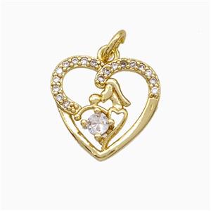 Copper Heart Pendant Pave Zirconia Mother Baby Gold Plated, approx 15mm