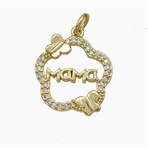 Copper Flower Pendant Pave Zirconia Mama Butterfly Gold Plated, approx 16mm