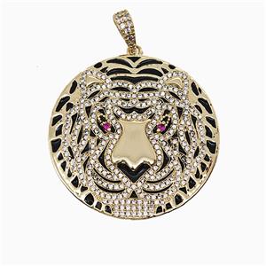 Copper Tiger Pendant Micropave Zirconia Black Enamel Gold Plated, approx 35mm