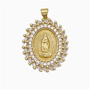 Copper Virgin Mary Pendant Pave Zirconia Oval Gold Plated, approx 25-30mm
