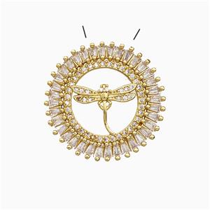 Copper Dragonfly Pendant Pave Zirconia Circle Gold Plated, approx 26mm