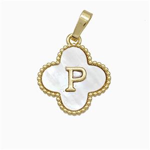 Copper Clover Pendant Pave Shell Letter-P 18K Gold Plated, approx 16mm