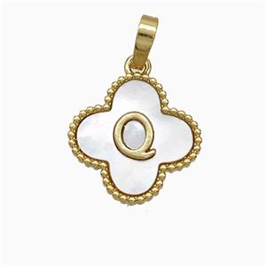 Copper Clover Pendant Pave Shell Letter-Q 18K Gold Plated, approx 16mm