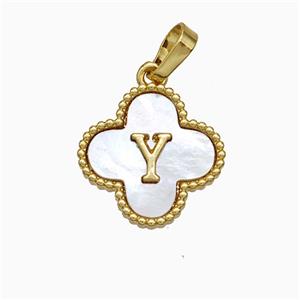 Copper Clover Pendant Pave Shell Letter-Y 18K Gold Plated, approx 16mm