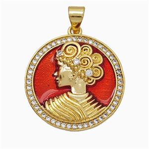 Copper Empress Pendant Pave Zirconia Red Painted 18K Gold Plated, approx 21mm