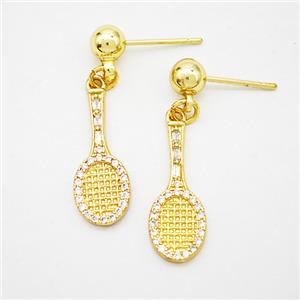 Tennis Racket Copper Stud Earrings Pave Zirconia Sports Gold Plated, approx 7.5-20mm, 5mm