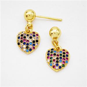 Copper Heart Stud Earrings Pave Zirconia Gold Plated, approx 10mm, 5mm