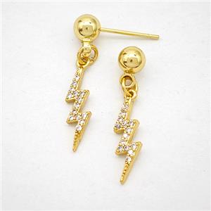 Copper Lightning Stud Earrings Pave Zirconia Gold Plated, approx 5-16mm, 5mm