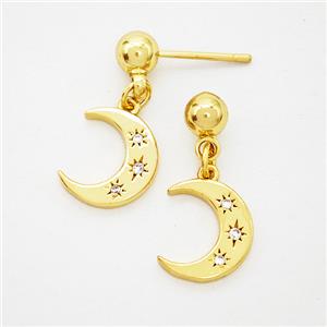 Copper Moon Stud Earrings Pave Zirconia Gold Plated, approx 10-12mm, 5mm