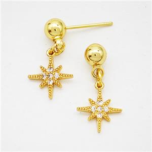 Copper Northstar Stud Earrings Pave Zirconia Gold Plated, approx 10mm, 5mm