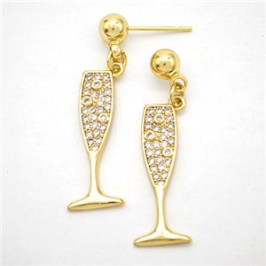 Copper Wine Cup Stud Earrings Pave Zirconia Gold Plated, approx 6-23mm, 5mm