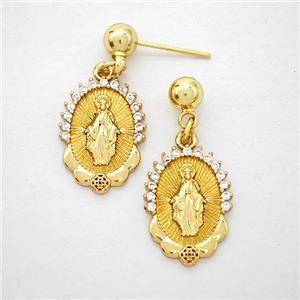 Copper Virgin Mary Stud Earrings Pave Zirconia Gold Plated, approx 12.5-16mm, 5mm