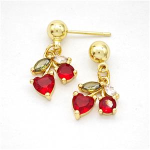 Copper Cherry Stud Earrings Pave Zirconia Gold Plated, approx 10mm, 5mm