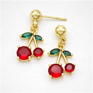 Copper Cherry Stud Earrings Pave Zirconia Gold Plated, approx 11-13mm, 5mm