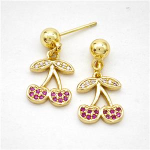 Copper Cherry Stud Earrings Pave Zirconia Gold Plated, approx 11mm, 5mm