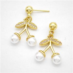 Copper Cherry Stud Earrings Pave Zirconia Pearlized Resin Gold Plated, approx 15mm, 5mm
