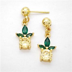 Copper Pineapple Stud Earrings Pave Zirconia Gold Plated, approx 10-14mm, 5mm