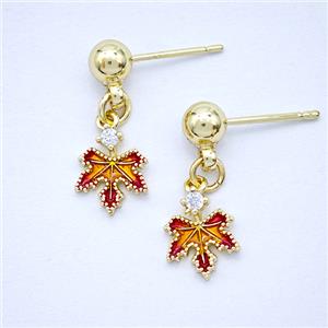 Copper Maple Leaf Stud Earrings Pave Zirconia Painted Gold Plated, approx 8mm, 5mm
