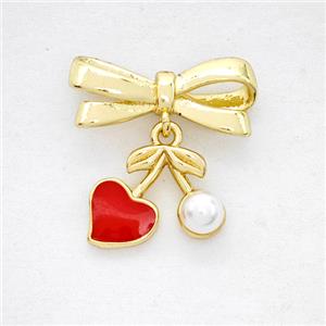 Copper Bowknot And Cherry Pendant Pave Pearlized Red Enamel Gold Plated, approx 10-12mm, 7-17mm