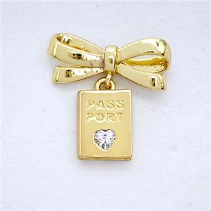 Copper Bowknot And PassPort Pendant Pave Zirconia Gold Plated, approx 7.5-10mm, 7-17mm