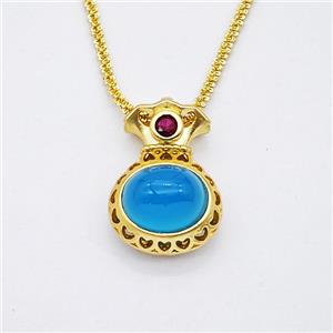 Copper Necklace With FortuneBag Pave Blue Jade Gold Plated, approx 16-25mm, 2mm, 42-47cm length