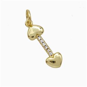 Copper Dogbone Pendant Pave Zirconia Heart Gold Plated, approx 5.5-16mm