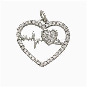 Copper Heart Pendant Pave Zirconia Heartbeat Platinum Plated, approx 19mm